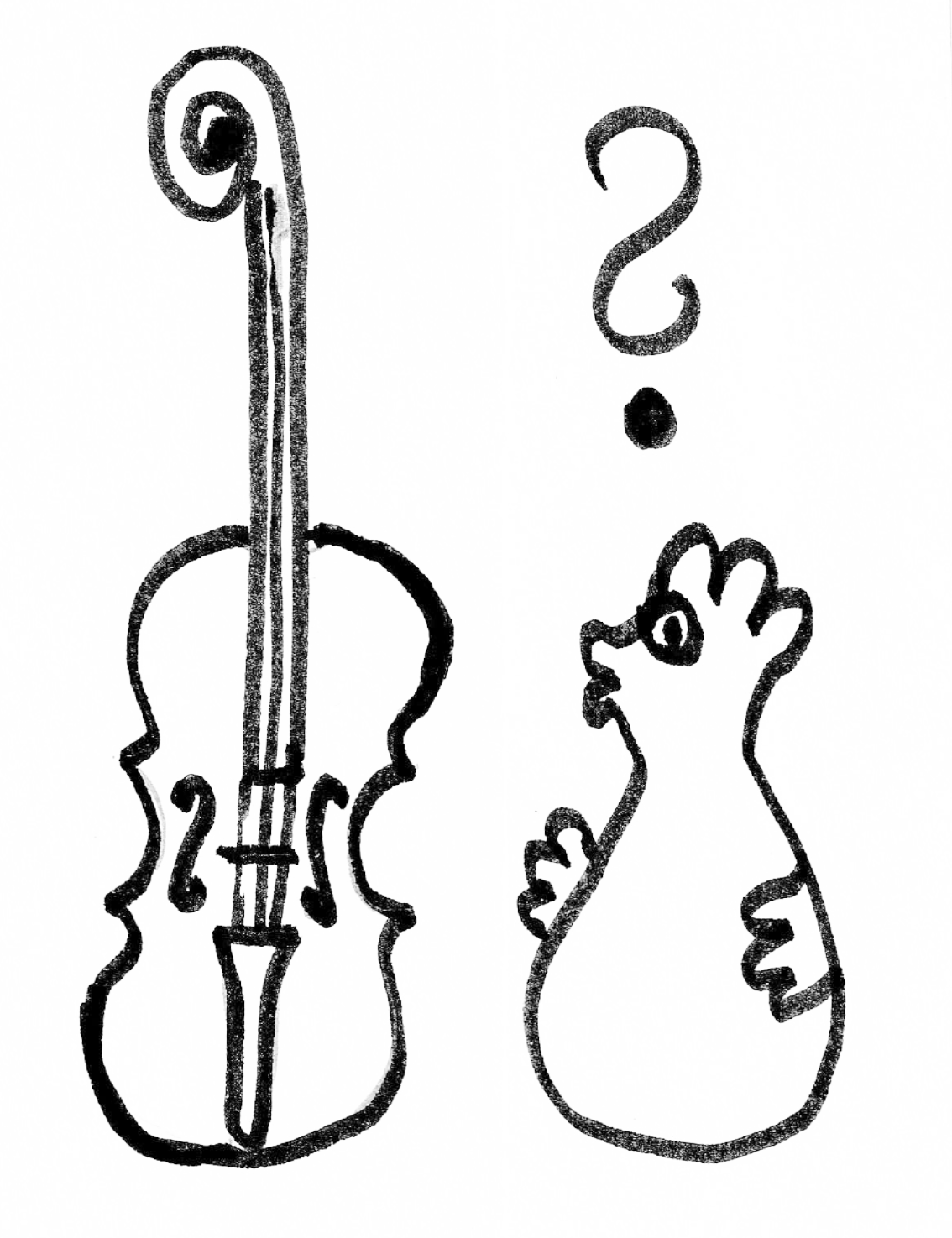 Hühnchen steht mit Fragezeichen vor Streichinstrument